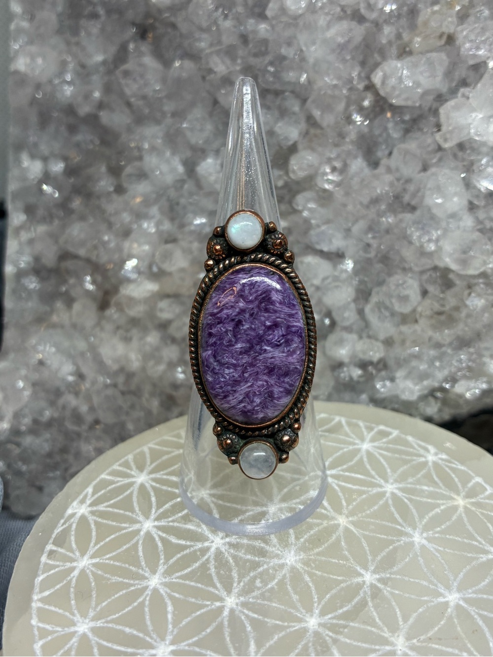 Purple Charoite Oval Ring with Moonstone Accents
